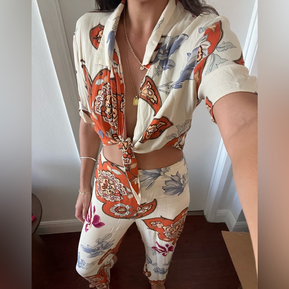 Reformation Cream Floral Print Tie-Front Jumpsuit with Orange Accents